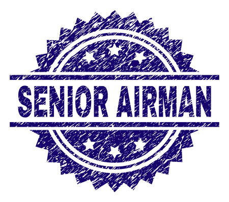 SENIOR AIRMAN stamp seal watermark with distress style. Blue vector rubber print of SENIOR AIRMAN tag with retro texture.のイラスト素材