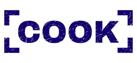 COOK caption seal print with corroded texture. Text label is placed inside corners. Blue vector rubber print of COOK with retro texture.のイラスト素材