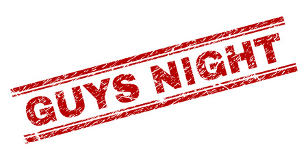 GUYS NIGHT seal print with corroded texture. Red vector rubber print of GUYS NIGHT text with unclean texture. Text label is placed between double parallel lines.のイラスト素材
