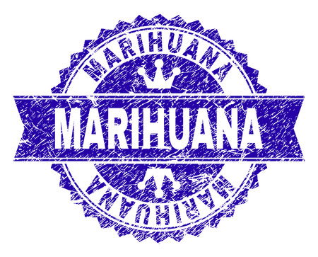 MARIHUANA rosette stamp imitation with distress style. Designed with round rosette, ribbon and small crowns. Blue vector rubber watermark of MARIHUANA tag with grunge style.のイラスト素材