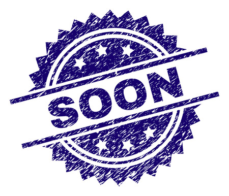 SOON stamp seal watermark with distress style. Blue vector rubber print of SOON title with retro texture.のイラスト素材
