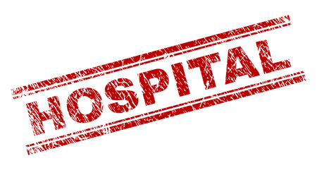HOSPITAL seal print with corroded texture. Red vector rubber print of HOSPITAL caption with corroded texture. Text tag is placed between double parallel lines.のイラスト素材