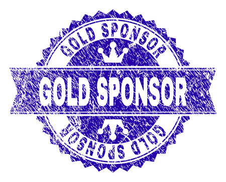 GOLD SPONSOR rosette stamp seal watermark with grunge style. Designed with round rosette, ribbon and small crowns. Blue vector rubber watermark of GOLD SPONSOR text with retro style.のイラスト素材