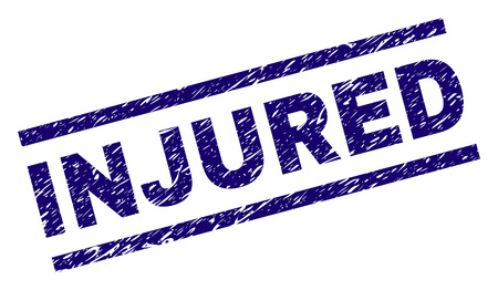 INJURED seal print with distress style. Blue vector rubber print of INJURED label with corroded texture. Text label is placed between parallel lines.のイラスト素材