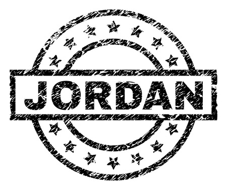 JORDAN stamp seal watermark with distress style. Designed with rectangle, circles and stars. Black vector rubber print of JORDAN caption with grunge texture.のイラスト素材