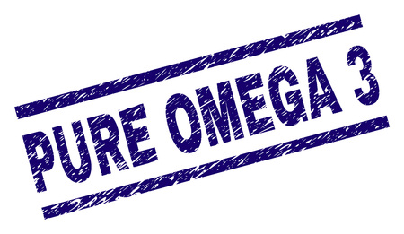 PURE OMEGA 3 seal imprint with grunge style. Blue vector rubber print of PURE OMEGA 3 title with grunge texture. Text title is placed between parallel lines.のイラスト素材