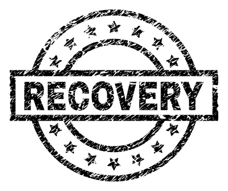 RECOVERY stamp seal watermark with distress style. Designed with rectangle, circles and stars. Black vector rubber print of RECOVERY caption with grunge texture.のイラスト素材