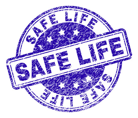 SAFE LIFE stamp seal imprint with grunge texture. Designed with rounded rectangles and circles. Blue vector rubber print of SAFE LIFE text with retro texture.のイラスト素材