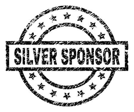SILVER SPONSOR stamp seal watermark with distress style. Designed with rectangle, circles and stars. Black vector rubber print of SILVER SPONSOR text with dust texture.のイラスト素材
