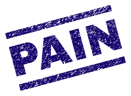 PAIN seal print with distress style. Blue vector rubber print of PAIN text with grunge texture. Text caption is placed between parallel lines.のイラスト素材