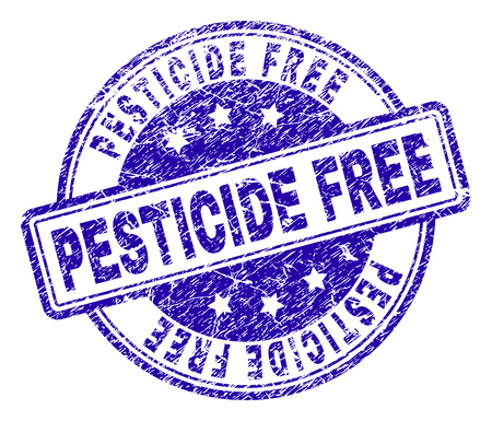 PESTICIDE FREE stamp seal imprint with grunge texture. Designed with rounded rectangles and circles. Blue vector rubber print of PESTICIDE FREE tag with scratched texture.のイラスト素材
