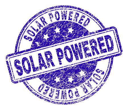 SOLAR POWERED stamp seal imprint with distress texture. Designed with rounded rectangles and circles. Blue vector rubber print of SOLAR POWERED tag with unclean texture.のイラスト素材