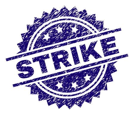 STRIKE stamp seal watermark with distress style. Blue vector rubber print of STRIKE label with scratched texture.のイラスト素材