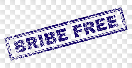 BRIBE FREE stamp seal imprint with rubber print style and double framed rectangle shape. Stamp is placed on a transparent background. Blue vector rubber print of BRIBE FREE tag with grunge texture.のイラスト素材