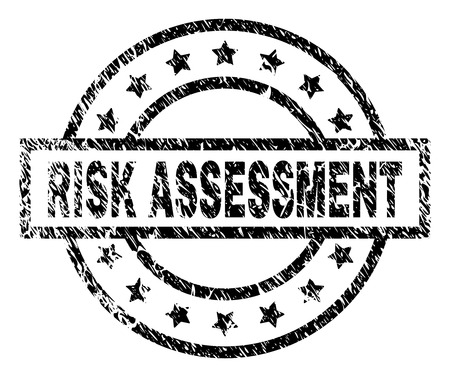 RISK ASSESSMENT stamp seal watermark with distress style. Designed with rectangle, circles and stars. Black vector rubber print of RISK ASSESSMENT text with retro texture.のイラスト素材