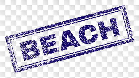 BEACH stamp seal print with rubber print style and double framed rectangle shape. Stamp is placed on a transparent background. Blue vector rubber print of BEACH title with dirty texture.のイラスト素材