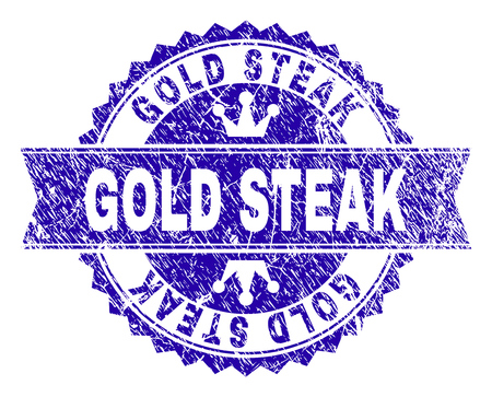 GOLD STEAK rosette stamp imprint with grunge texture. Designed with round rosette, ribbon and small crowns. Blue vector rubber print of GOLD STEAK caption with grunge texture.のイラスト素材