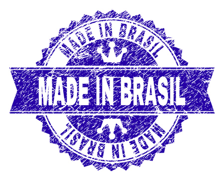 MADE IN BRASIL rosette stamp seal watermark with grunge style. Designed with round rosette, ribbon and small crowns. Blue vector rubber watermark of MADE IN BRASIL tag with dirty style.のイラスト素材