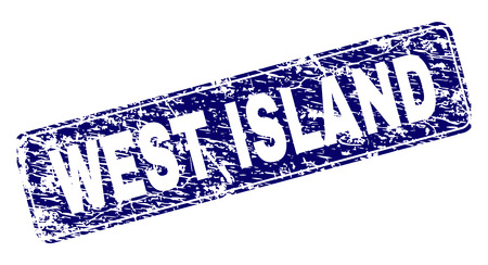 WEST ISLAND stamp seal print with grunge texture. Seal shape is a rounded rectangle with frame. Blue vector rubber print of WEST ISLAND title with dirty texture.のイラスト素材
