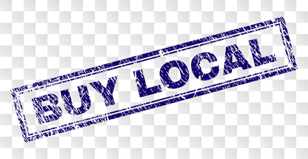 BUY LOCAL stamp seal print with rubber print style and double framed rectangle shape. Stamp is placed on a transparent background. Blue vector rubber print of BUY LOCAL title with scratched texture.のイラスト素材