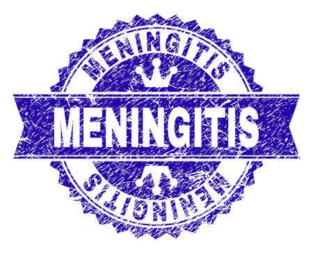 MENINGITIS rosette stamp seal watermark with grunge effect. Designed with round rosette, ribbon and small crowns. Blue vector rubber watermark of MENINGITIS title with dust style.のイラスト素材