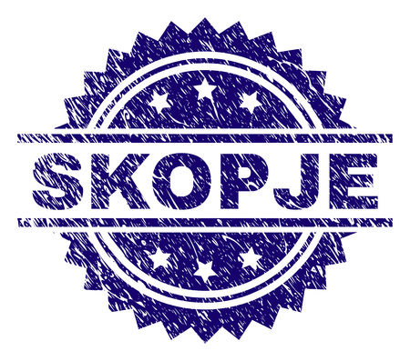 SKOPJE stamp seal watermark with distress style. Blue vector rubber print of SKOPJE tag with corroded texture.のイラスト素材