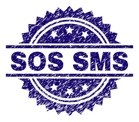 SOS SMS stamp seal watermark with distress style. Blue vector rubber print of SOS SMS tag with retro texture.のイラスト素材