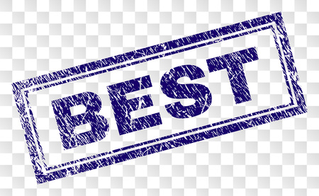 BEST stamp seal print with rubber print style and double framed rectangle shape. Stamp is placed on a transparent background. Blue vector rubber print of BEST title with unclean texture.のイラスト素材