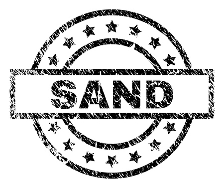 SAND stamp seal watermark with distress style. Designed with rectangle, circles and stars. Black vector rubber print of SAND text with grunge texture.のイラスト素材
