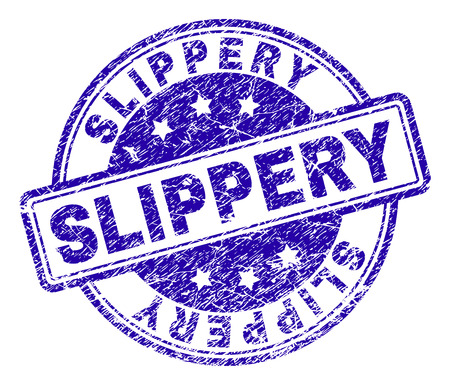 SLIPPERY stamp seal imprint with grunge texture. Designed with rounded rectangles and circles. Blue vector rubber print of SLIPPERY tag with grunge texture.のイラスト素材