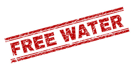 FREE WATER seal print with corroded style. Red vector rubber print of FREE WATER text with unclean texture. Text tag is placed between double parallel lines.のイラスト素材