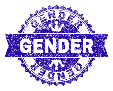 GENDER rosette stamp imitation with distress style. Designed with round rosette, ribbon and small crowns. Blue vector rubber watermark of GENDER text with unclean style.のイラスト素材