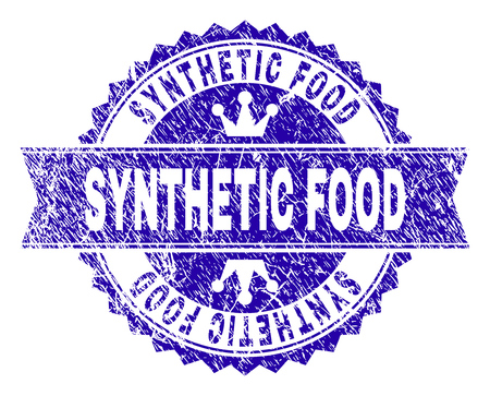 SYNTHETIC FOOD rosette seal watermark with grunge texture. Designed with round rosette, ribbon and small crowns. Blue vector rubber watermark of SYNTHETIC FOOD tag with retro texture.のイラスト素材