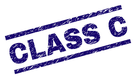 CLASS C seal print with distress style. Blue vector rubber print of CLASS C text with dust texture. Text tag is placed between parallel lines.のイラスト素材