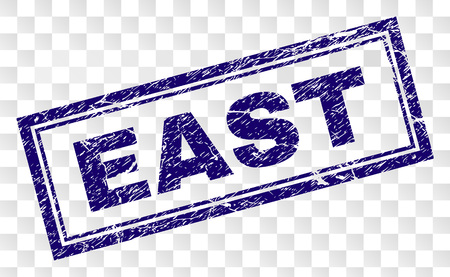 EAST stamp seal print with rubber print style and double framed rectangle shape. Stamp is placed on a transparent background. Blue vector rubber print of EAST label with dust texture.のイラスト素材
