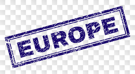 EUROPE stamp seal print with rubber print style and double framed rectangle shape. Stamp is placed on a transparent background. Blue vector rubber print of EUROPE tag with unclean texture.のイラスト素材