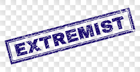 EXTREMIST stamp seal print with dirty style and double framed rectangle shape. Stamp is placed on a transparent background. Blue vector rubber print of EXTREMIST label with grunge texture.のイラスト素材