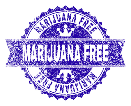 MARIJUANA FREE rosette seal imitation with grunge style. Designed with round rosette, ribbon and small crowns. Blue vector rubber print of MARIJUANA FREE text with grunge style.のイラスト素材
