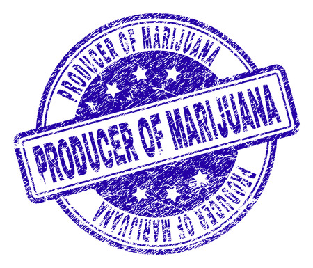 PRODUCER OF MARIJUANA stamp seal imprint with distress texture. Designed with rounded rectangles and circles. Blue vector rubber print of PRODUCER OF MARIJUANA title with unclean texture.のイラスト素材