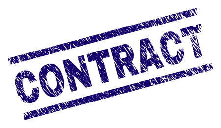 CONTRACT seal watermark with distress style. Blue vector rubber print of CONTRACT label with unclean texture. Text label is placed between parallel lines.のイラスト素材