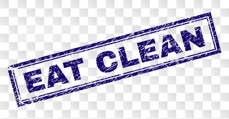 EAT CLEAN stamp seal imprint with rubber print style and double framed rectangle shape. Stamp is placed on a transparent background. Blue vector rubber print of EAT CLEAN text with retro texture.のイラスト素材