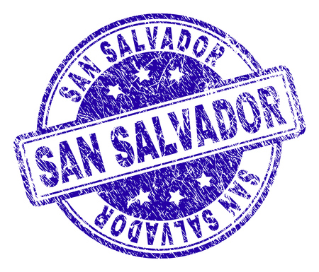 SAN SALVADOR stamp seal imprint with grunge texture. Designed with rounded rectangles and circles. Blue vector rubber print of SAN SALVADOR title with corroded texture.のイラスト素材