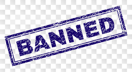 BANNED stamp seal print with dirty style and double framed rectangle shape. Stamp is placed on a transparent background. Blue vector rubber print of BANNED tag with dirty texture.のイラスト素材