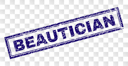 BEAUTICIAN stamp seal imprint with corroded style and double framed rectangle shape. Stamp is placed on a transparent background. Blue vector rubber print of BEAUTICIAN caption with corroded texture.のイラスト素材