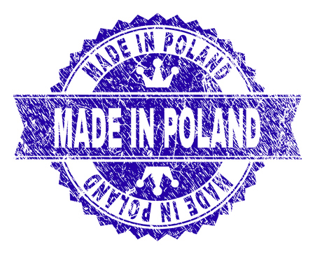MADE IN POLAND rosette seal watermark with distress style. Designed with round rosette, ribbon and small crowns. Blue vector rubber watermark of MADE IN POLAND title with scratched style.のイラスト素材