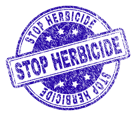 STOP HERBICIDE stamp seal imprint with distress texture. Designed with rounded rectangles and circles. Blue vector rubber print of STOP HERBICIDE tag with retro texture.のイラスト素材