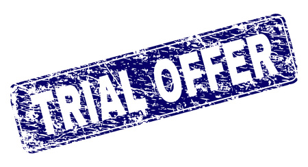 TRIAL OFFER stamp seal print with distress texture. Seal shape is a rounded rectangle with frame. Blue vector rubber print of TRIAL OFFER caption with dust texture.のイラスト素材