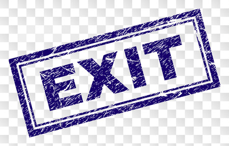 EXIT stamp seal print with rubber print style and double framed rectangle shape. Stamp is placed on a transparent background. Blue vector rubber print of EXIT text with dirty texture.のイラスト素材