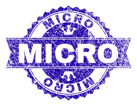 MICRO rosette stamp watermark with distress texture. Designed with round rosette, ribbon and small crowns. Blue vector rubber print of MICRO tag with dust texture.のイラスト素材