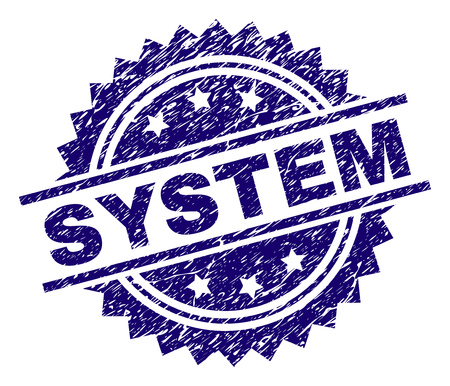 SYSTEM stamp seal watermark with distress style. Blue vector rubber print of SYSTEM label with grunge texture.のイラスト素材
